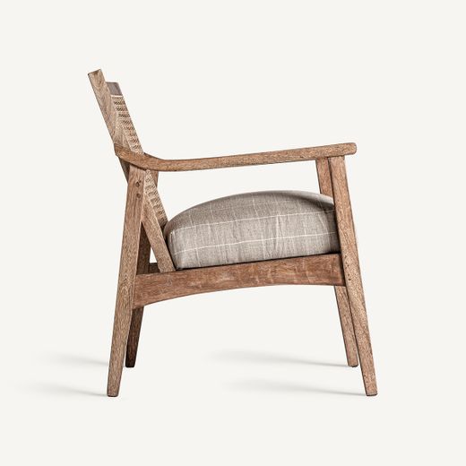 Sillón de madera de mango, ratán y tejido de poliéster en marrón, 65 x 72 x 75 cm | Valhey