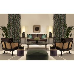 Fåtölj i trä, tyg och svart/naturrotting, 80 x 75 x 86 cm