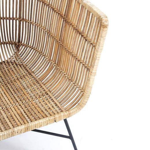 Fauteuil van zwart metaal en riet, 70x64x70 cm