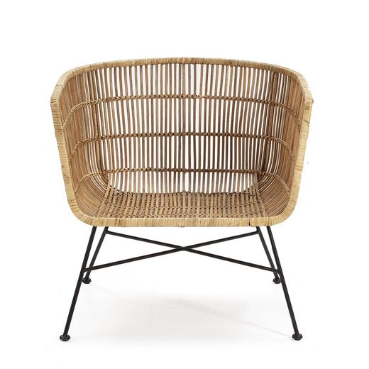 Fauteuil van zwart metaal en riet, 70x64x70 cm