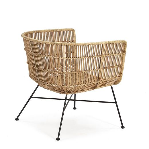 Fauteuil van zwart metaal en riet, 70x64x70 cm