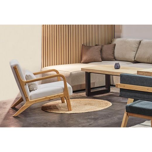Armchair in microfiber and cream/natural wood, 65 x 83 x 72 cm | tokyo
