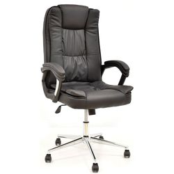 Black leatherette tilting office armchair with chrome base, 62 x 70 x 112/122 cm