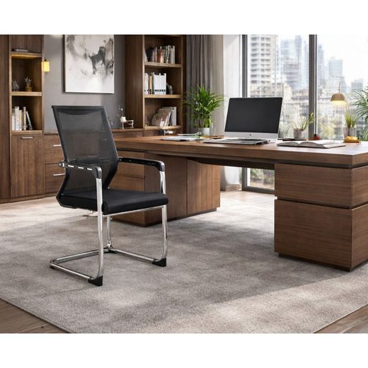 Sillón de oficina de malla y metal en color negro, 55 x 50 x 95 cm | Flers