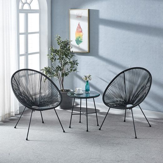 Ensemble table et fauteuil de terrasse en polyéthylène et métal noir | Acapulco