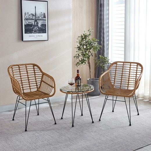 Syntetisk lænestol i rattan og metal i natur og sort, 56 x 61 x 82 cm | Bombay