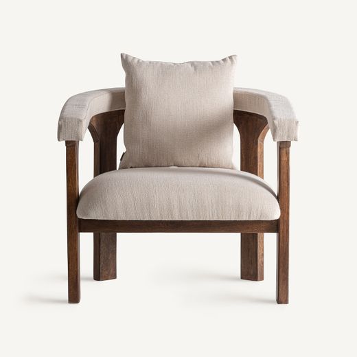Sillón de tejido de poliéster y madera de mango en beige, 79 x 78 x 82 cm | Racoud