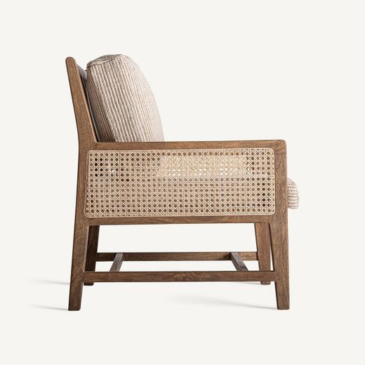 Sillón de tejido de poliéster y madera de mango en marrón, 68 x 77 x 88 cm | Romarand