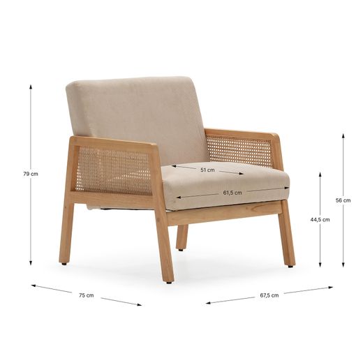 Beige fabric and wood armchair, 68 x 75 x 79 cm | Debra