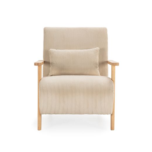 Beige tyg- och träfåtölj, 70 x 87 x 80 cm | Bonnie