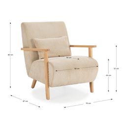 Beige tyg- och träfåtölj, 70 x 87 x 80 cm | Bonnie