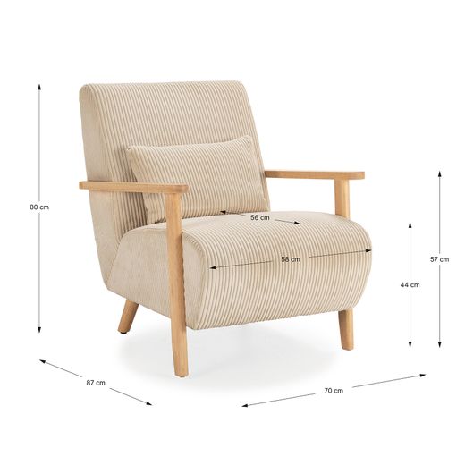 Beige tyg- och träfåtölj, 70 x 87 x 80 cm | Bonnie