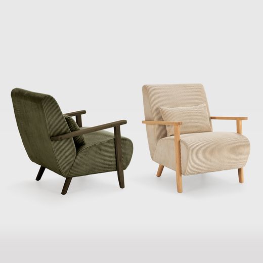 Beige tyg- och träfåtölj, 70 x 87 x 80 cm | Bonnie