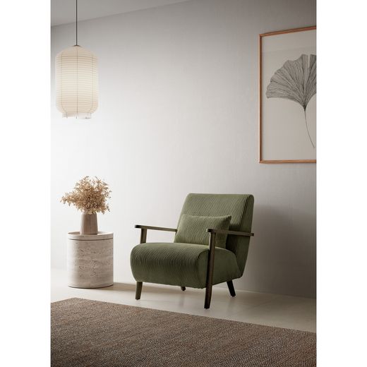 Fabric and wood armchair in olive green, 70 x 87 x 80 cm | Bonnie