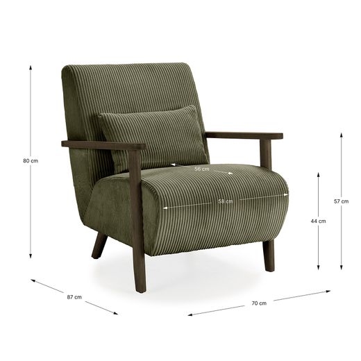 Fabric and wood armchair in olive green, 70 x 87 x 80 cm | Bonnie