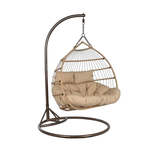 Sillón doble colgante de ratán sintético y aluminio en marrón oscuro y natural, 130 x 61 x 117 cm | Breeze