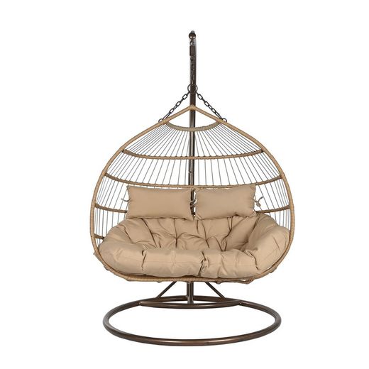 Podwójny fotel wiszący z syntetycznego rattanu i aluminium w kolorze ciemnego i naturalnego brązu, 130 x 61 x 117 cm | Bryza