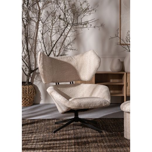 Bouclé Privas swivel armchair in bouclé cotton and iron in cream, 86 x 90 x 99 cm