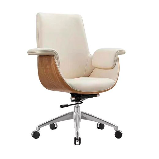 Sillón giratorio con ruedas de piel sintética y madera en crema y color roble natural, 69 x 64 x 97 - 106 cm | Omega