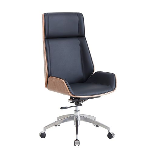 Poltrona girevole con ruote in ecopelle e legno color nero e rovere naturale, 69 x 64 x 107 - 113 cm | Ulrico