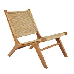 Fotel pistoletowy z drewna tekowego i naturalnego rattanu, 55x80x75 cm