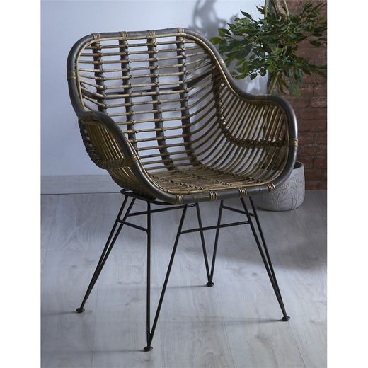 Rindu Armchair in Gray Rattan and Black Metal, 62x55x86 cm