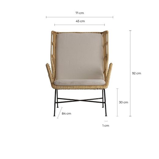 WUTACH Armchair in Rattan, Iron and Natural/Beige Cotton, 71x92x88 cm.