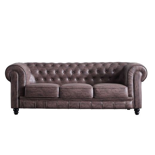Sofá 3 plazas de piel sintética en color chocolate, 205 x 82 x 72 cm | Chesterfield