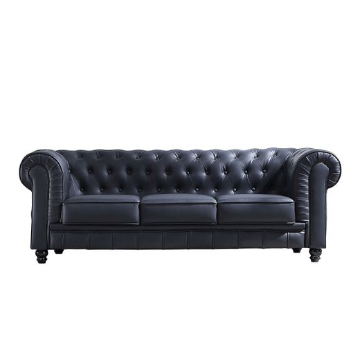 Sofá 3 plazas de piel sintética en negro, 205 x 82 x 72 cm | Chesterfield