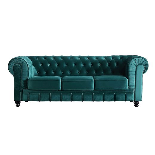 Sofá 3 plazas de terciopelo en verde, 205 x 82 x 72 cm | Chesterfield