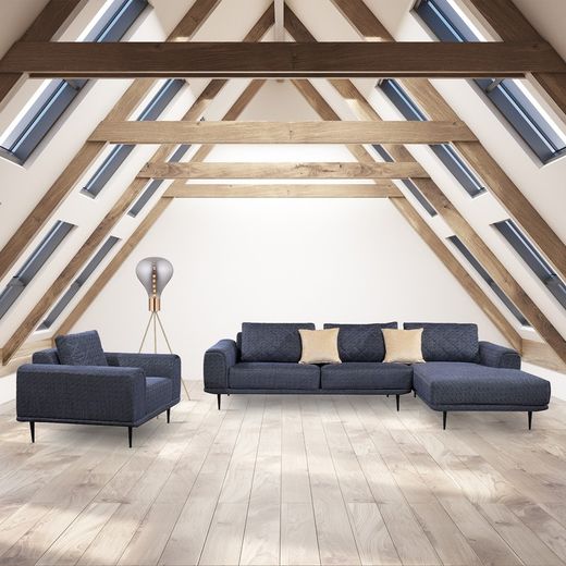 Sofa with chaise longue on the right Pärumm Abruzzo dark blue, 300 x (95/175) x 85 cm