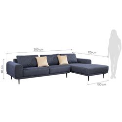 Sofa with chaise longue on the right Pärumm Abruzzo dark blue, 300 x (95/175) x 85 cm
