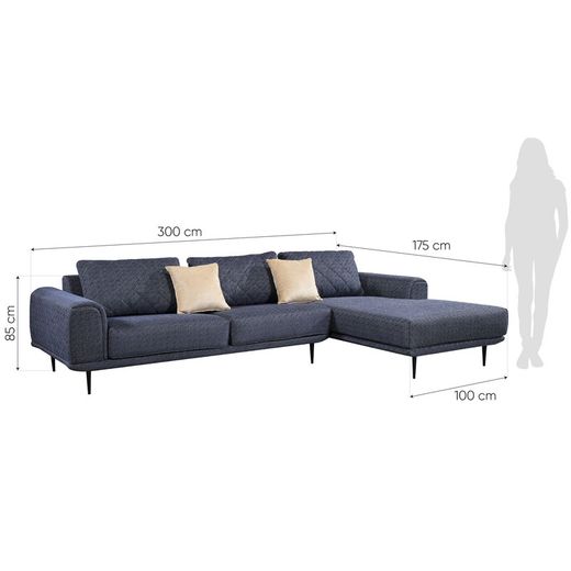 Sofa with chaise longue on the right Pärumm Abruzzo dark blue, 300 x (95/175) x 85 cm