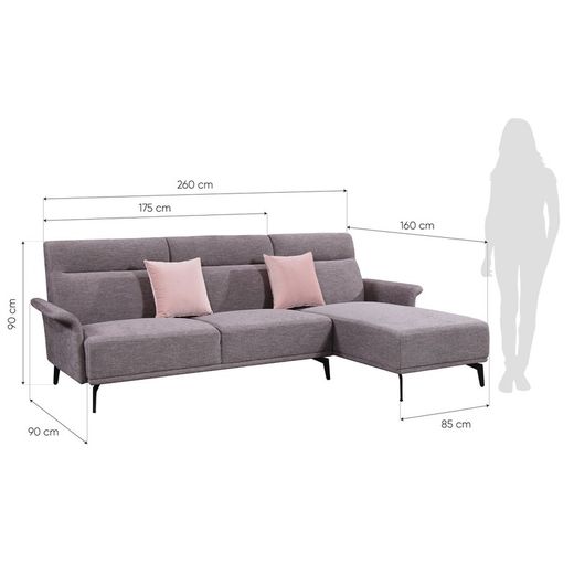 Canapé avec méridienne à droite Pärumm Molise couleur vison, 260 x (90/160) x 90 cm