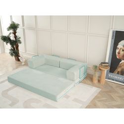 Canapé 3 places convertible en lit, tissu bleu turquoise, 200 x 90 x 70 cm | Agnes