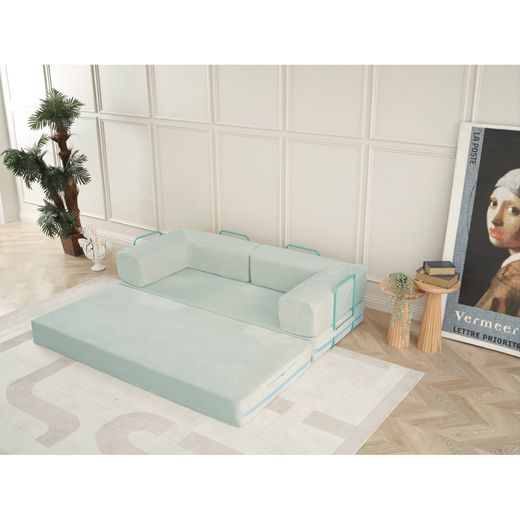 Canapé 3 places convertible en lit, tissu bleu turquoise, 200 x 90 x 70 cm | Agnes