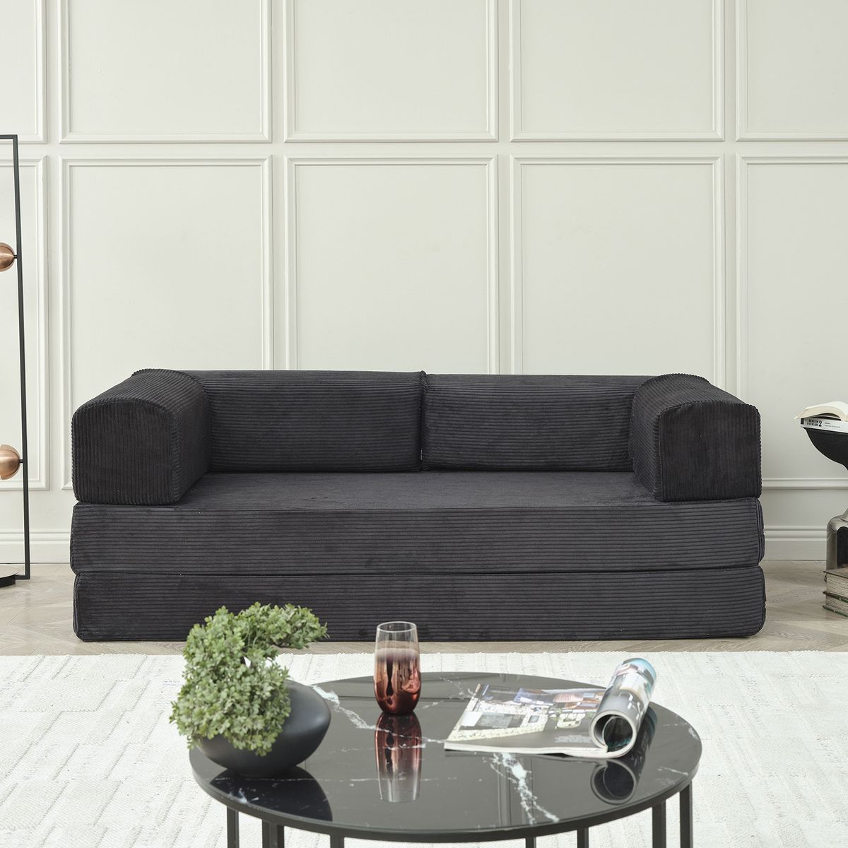 Sofa de 3 plazas covertible en cama de tejido en negro, 200 x 90 x 70 cm | Agnes