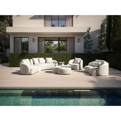 Beige aluminum and olefin garden sofa, armchair, pouf, and table set | Corinto