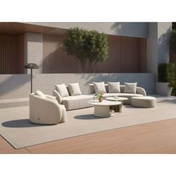 Beige aluminum and olefin garden sofa, armchair, pouf, and table set | Corinto