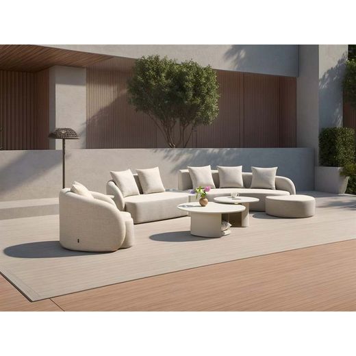 Beige aluminum and olefin garden sofa, armchair, pouf, and table set | Corinto