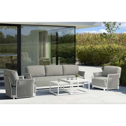 Garden sofa set made of aluminum, nautical rope, and white and gray fabric | Silai L
