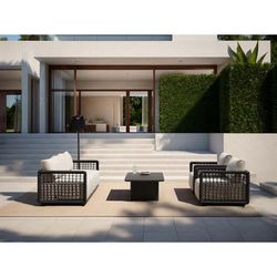 Garden sofa, armchair, and armchair with pouf set, made of aluminum, rope, and anthracite and beige fabric | Santa Ana