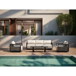 Garden sofa, armchair, and armchair with pouf set, made of aluminum, rope, and anthracite and beige fabric | Santa Ana