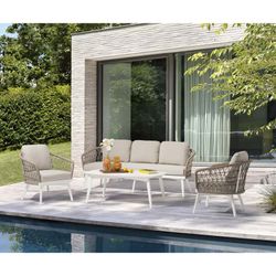 Aluminum and rope garden sofa set in white and greige | Nelayan