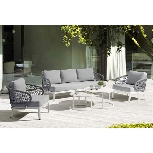 Conjunto de sofás para jardín con mesa elevable de aluminio y cuerda náutica en blanco y gris | Isabela