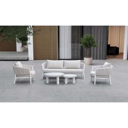 Sofá de 3 plazas para exterior de aluminio y tejido de olefina en blanco y gris claro, 193 x 80 x 83 cm | Attica