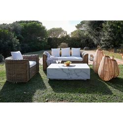 3-seater garden sofa in rattan and fabric in natural and beige, 174 x 88 x 69 cm | Fiber Outdoor