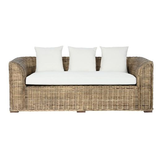3-seater garden sofa in rattan and fabric in natural and beige, 174 x 88 x 69 cm | Fiber Outdoor