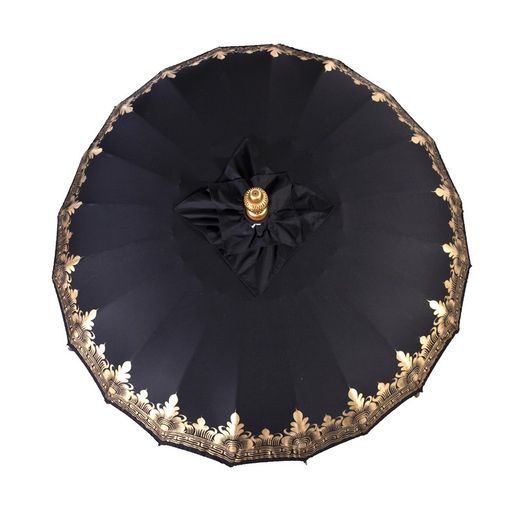 Balinese parasol van polyester en hout in zwart en goud, 185 x 185 x 245 cm | Nirvana