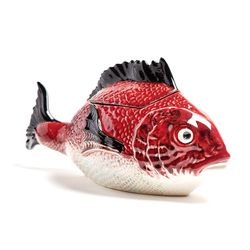 Terrina de faiança marrom e branca, 43 x 18 x 23 cm | Peixe